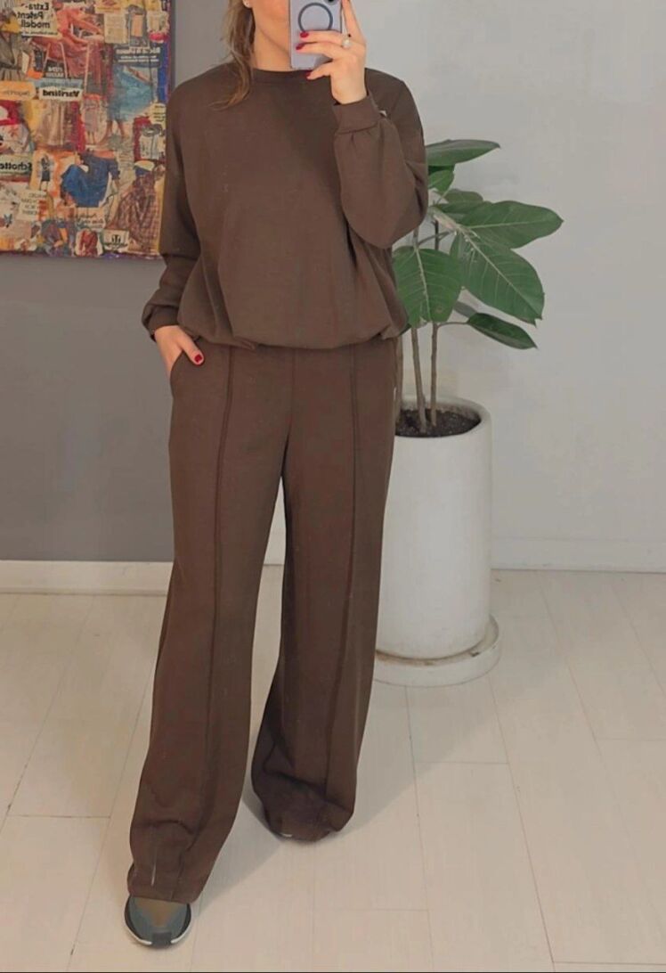 ست اویشو بلوز و شلوار زنانه ترک رنگ قهوه ای 