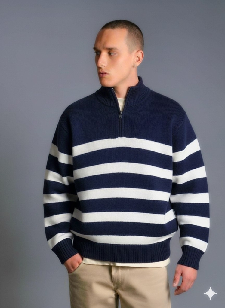 بافت نیم زیپ سورمه ای سفید راه راه مردانه ترک