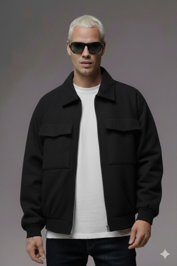 کاپشن مردانه مشکی یقه دار فوتر جیب دار