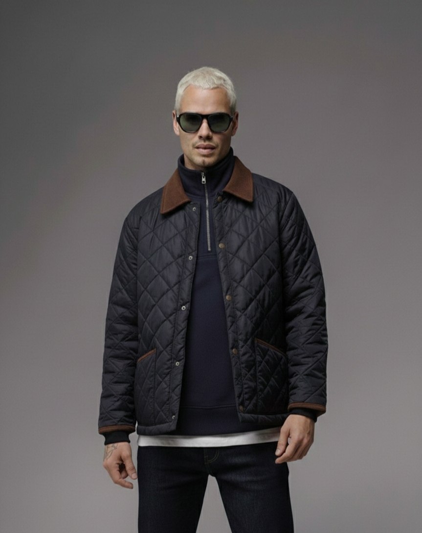  کاپشن سورمه ای چرخدوزی ضد اب با نوار های قهوه ای ترک 