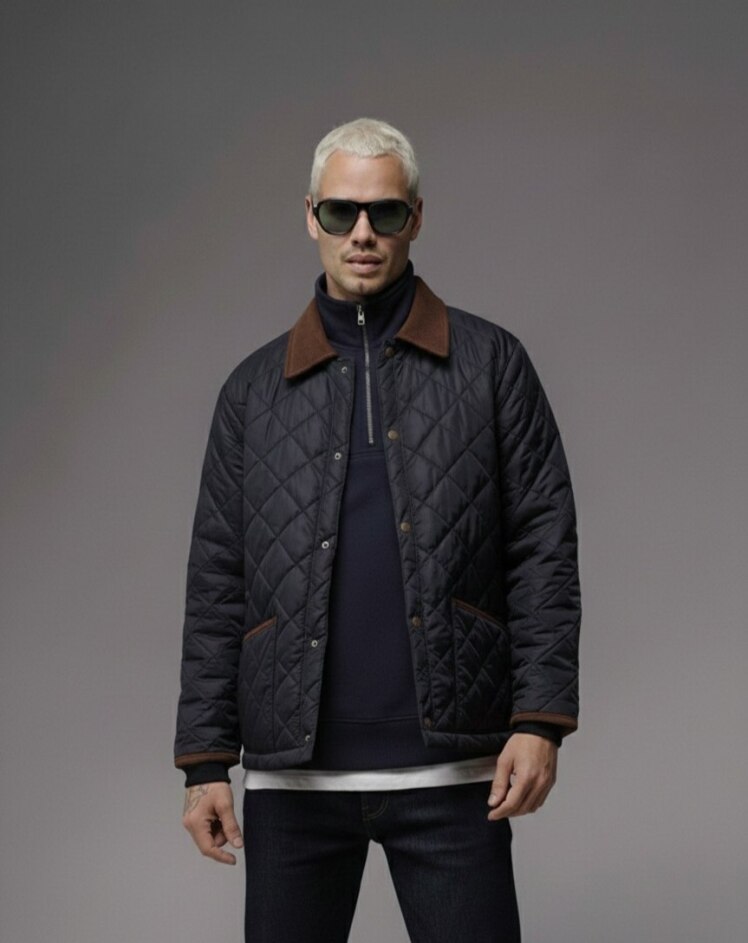 کاپشن سورمه ای چرخدوزی ضد اب با نوار های قهوه ای ترک